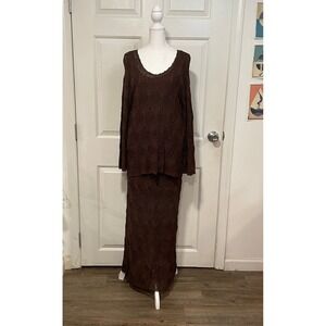 Size 2 XS S Easy Spirit Crochet Knit Brown Dress Set Open Knit Lined Rayon Maxi